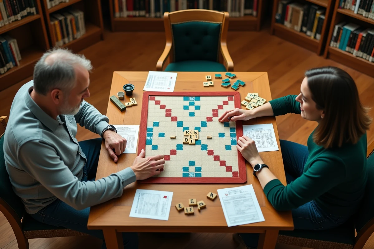 Vue aérienne d'un plateau de Scrabble en tournoi avec la lettre Z posée sur le jeu